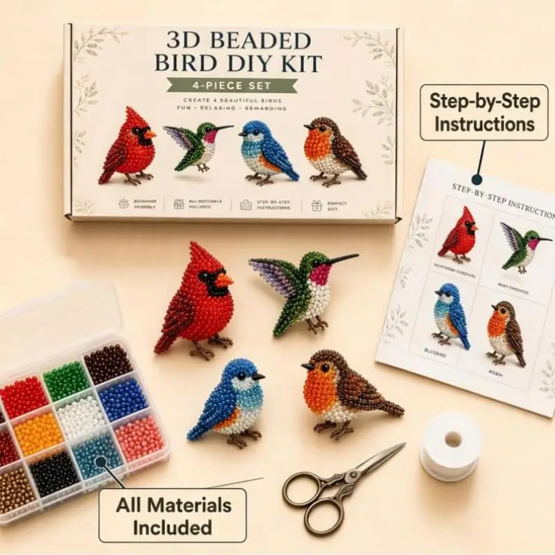 4 pieces 3D Beaded Bird Animal DIY Craft Kit Handmade Bead Weaving Set Handicraft Desktop Decor Toy for Adult Gift Making Supply