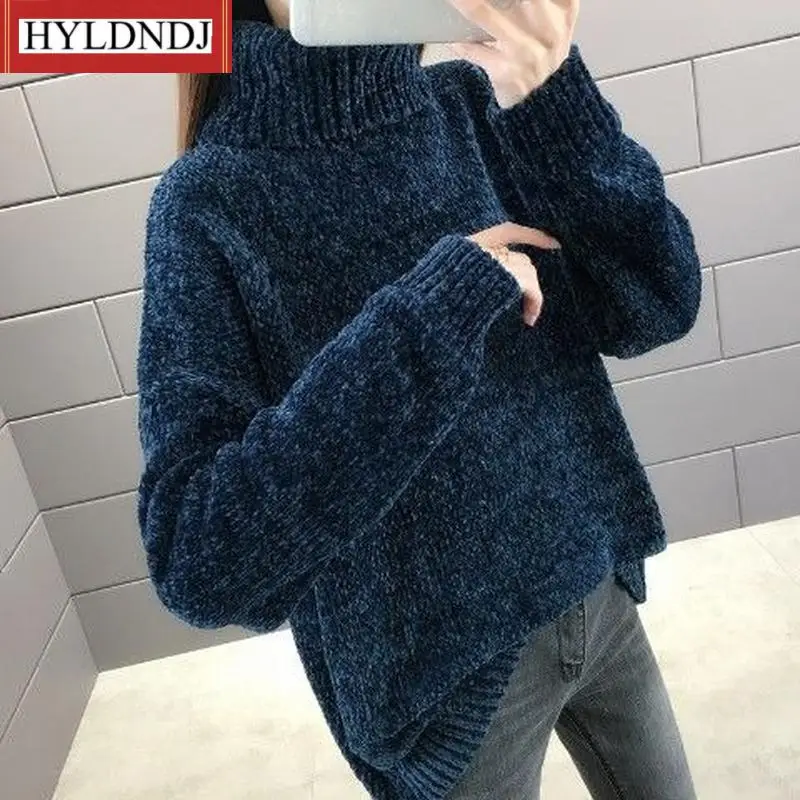 Women Autumn and Winter 2023 Fashion New Chenille Turtleneck Sweater Loose Solid Color Long-Sleeved Pullover Knit Top