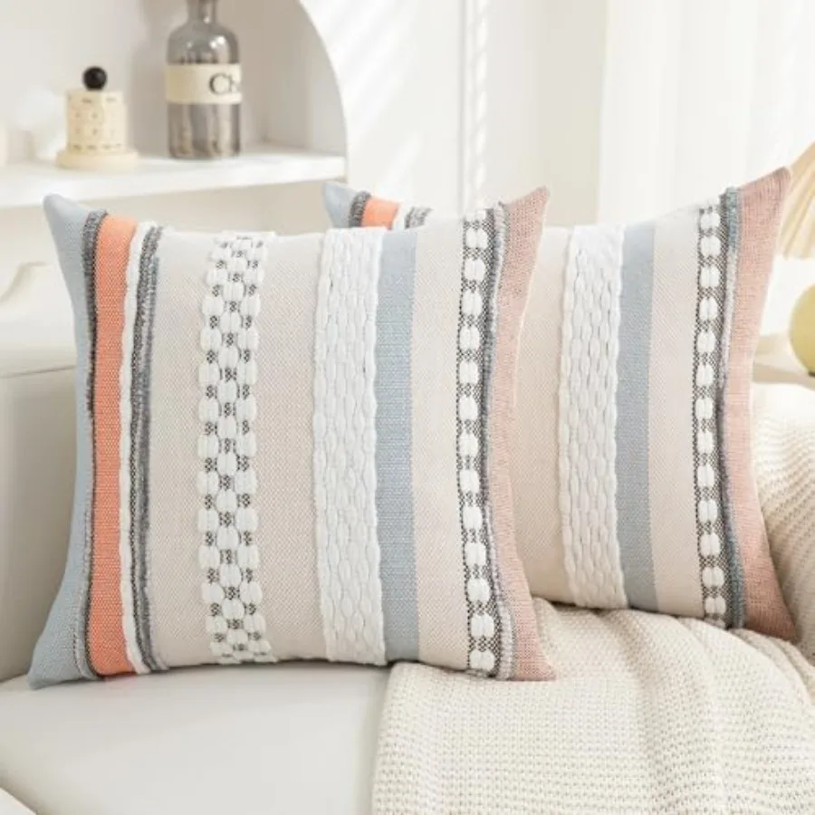

Boho Pillow Covers 18x18 Set of 2 for Couch-Modern Farmhouse Sofa Decorative Throw Pillow Covers Textured Chenille Cushion Cove