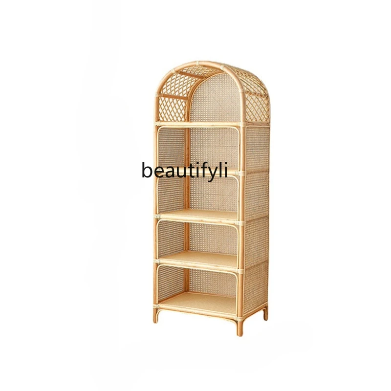 Nordic and Japanese Style Rattan Bookshelf Display Cabinet Small Apartment Home Storage Locker Real Rattan Display Stand Display