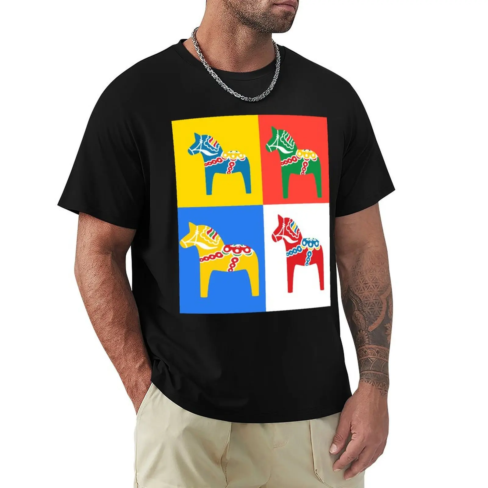 Dala Horses Dalarna Squares Sweden Horse Dalecarlian Swedish Colorful Dala Host T-Shirt Trendy Print Short Sleeve T-Shirt
