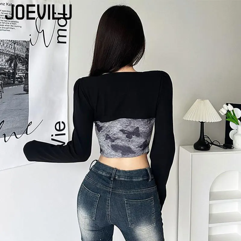 Contrast Patchwork T-shirt Women's Drawstring Irregular Crop Tops Tie Dye Long Sleeved Shirt Korean Fashion Streetwear Y2k Tee