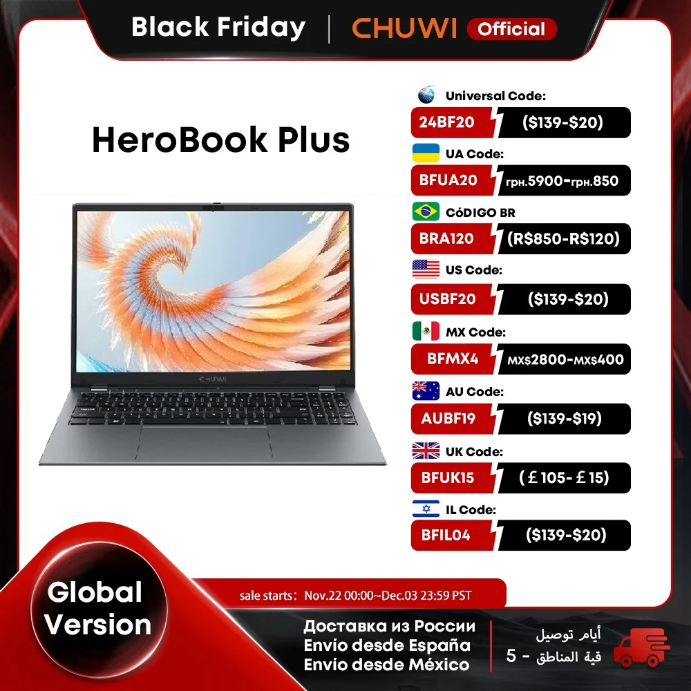 CHUWI HeroBook Plus Laptop Schermo FHD da 15,6" PC Intel Celeron N4020 UHD Grafica 8 GB RAM 256 GB SSD Computer portatile Windows 11