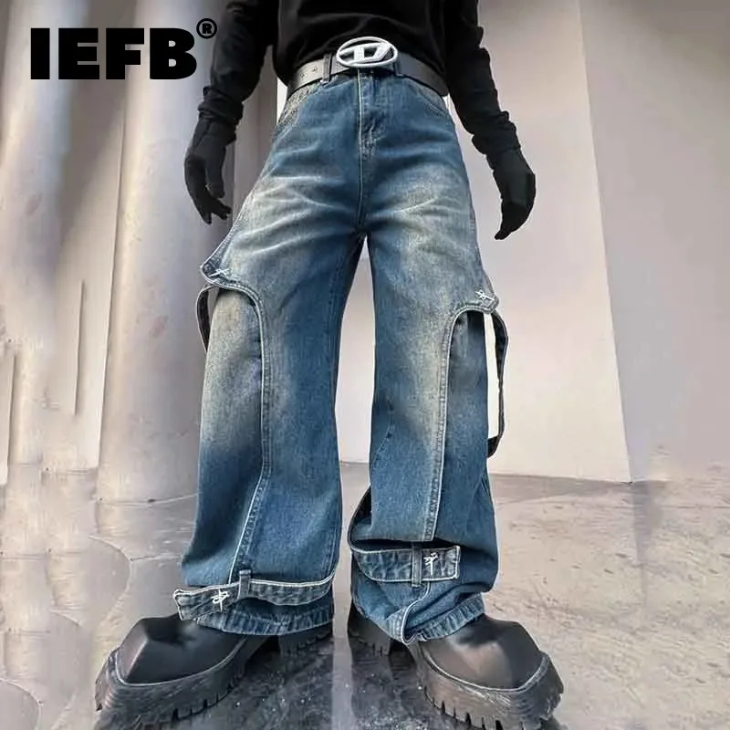 

IEFB Ribbon Men's Jeans Personality Metal Decoration Patchwork Solid Color Male Denim Pants Niche Design Spring New Chic 9C4495