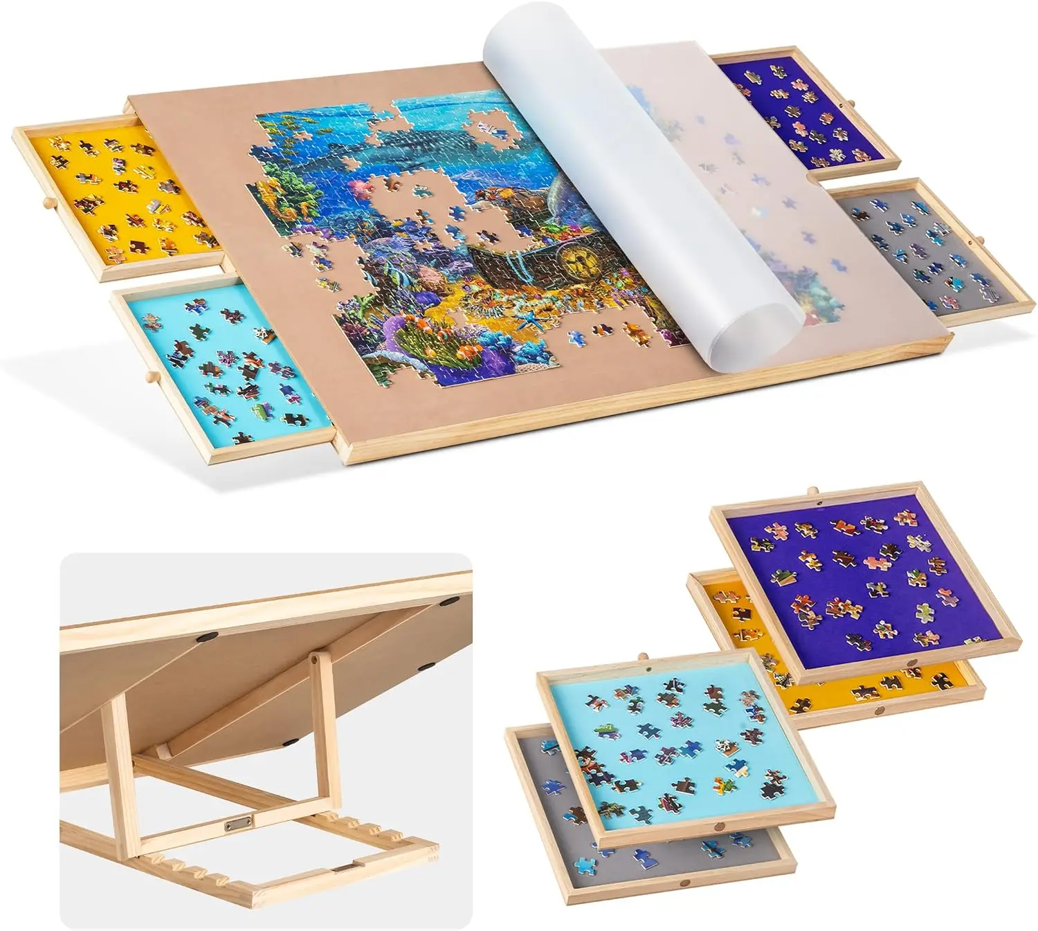 1500-Pc Tilting Puzzle Board with 4 Colorful Drawers & Cover, Adjustable