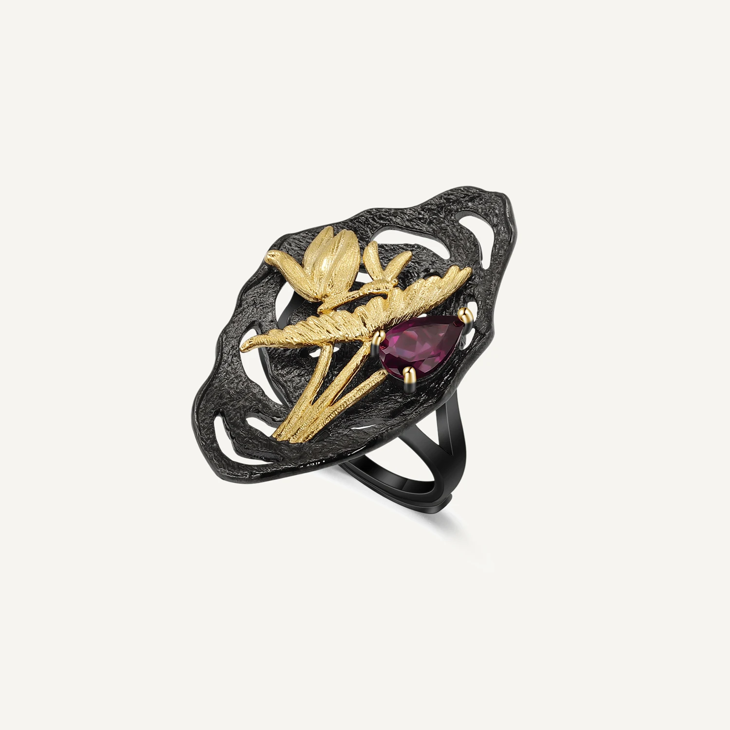 

GEM'S BALLET 925 Sterling Silver Handmade Golden Dragonfly Lotus Ring Nature Rhodolite Garnet Adjustable Cocktail Ring For Women