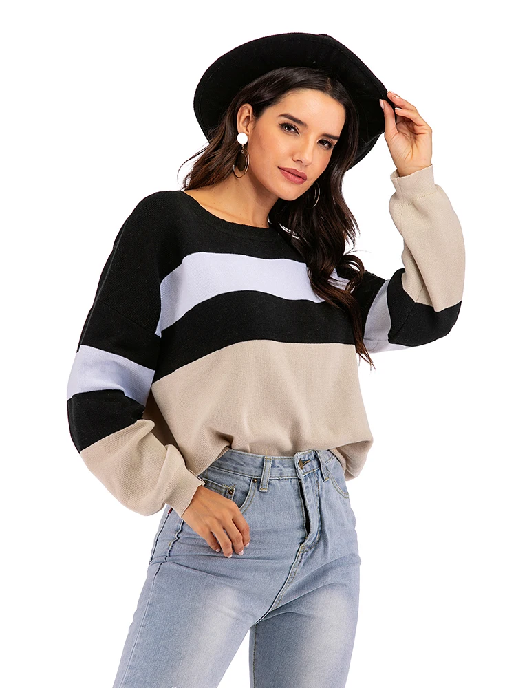 JIM & NORA Women\'s Retro Stripe Splicing Autumn Winter Design Sense Long Sleeved Fashion Round Neck Niche Simple Pullover Top