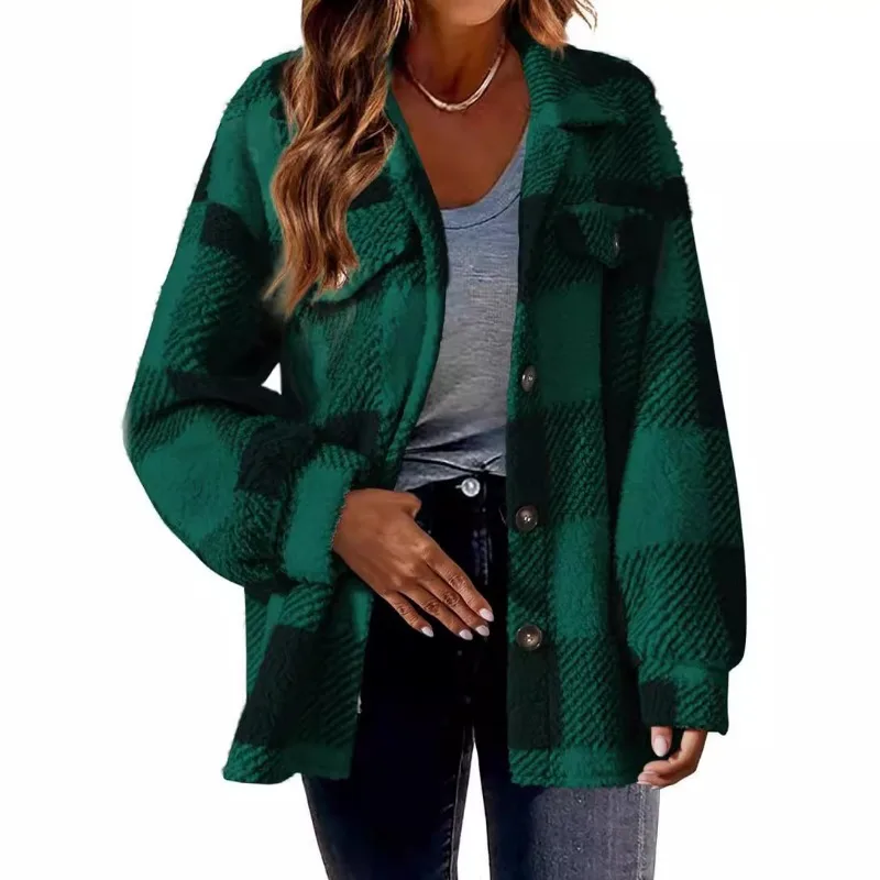 Autumn Winter Women Lamb Wool Jacket Chic Loose Casual Pockets Plaid Shirts Long Sleeve Coats Velvet Versatile Jacket New