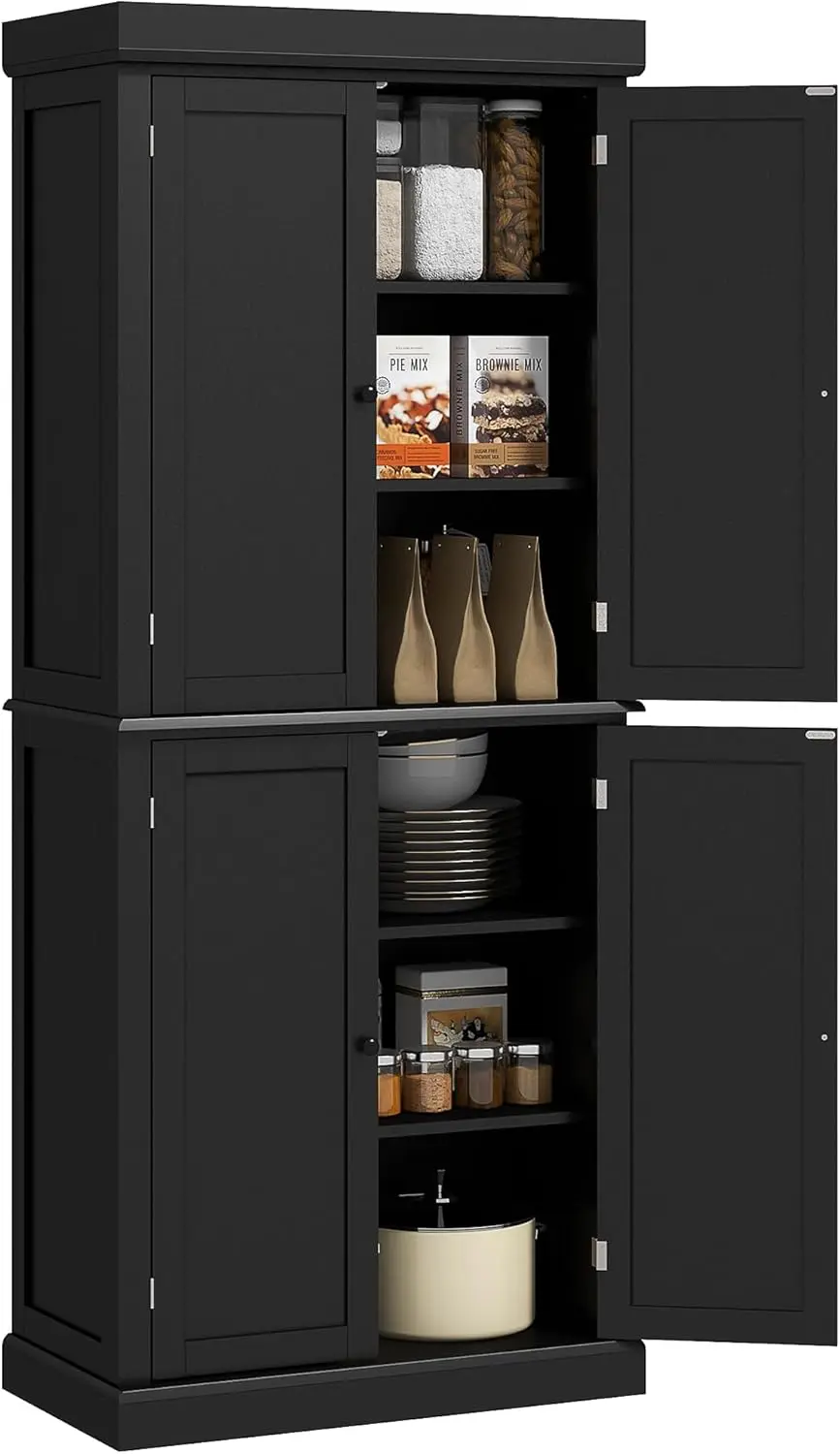 

72.5" Freestanding Kitchen Pantry Cabinet, Tall Storage Cabinet with 4 Doors and 2 Adjustable Shelves for Dining Room, Black