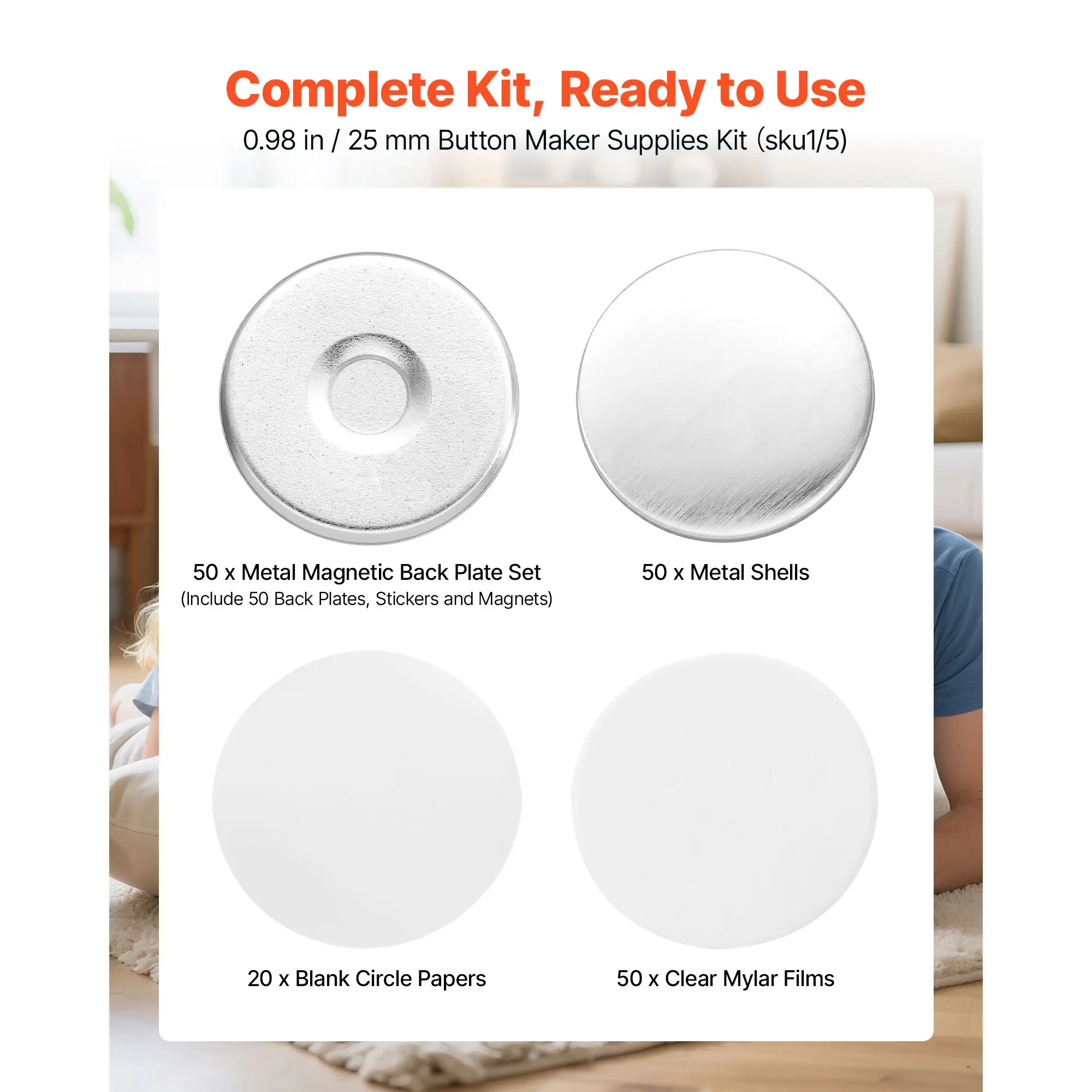 Button Maker Supplies 50 Sets 0.98 in / 25 mm Refrigerator Magnets, Button Parts with Magnetic Backs, Metal Shells, Clear Mylar Films, and Blank Circle Papers, for Home DIY and Kitchen Decor