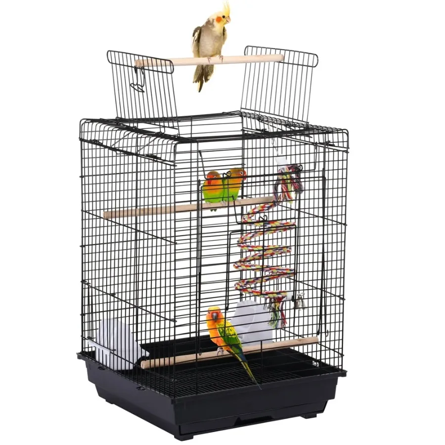 

22.8"H Metal Open Top Cage Bird Cage with Play Top Stand Black