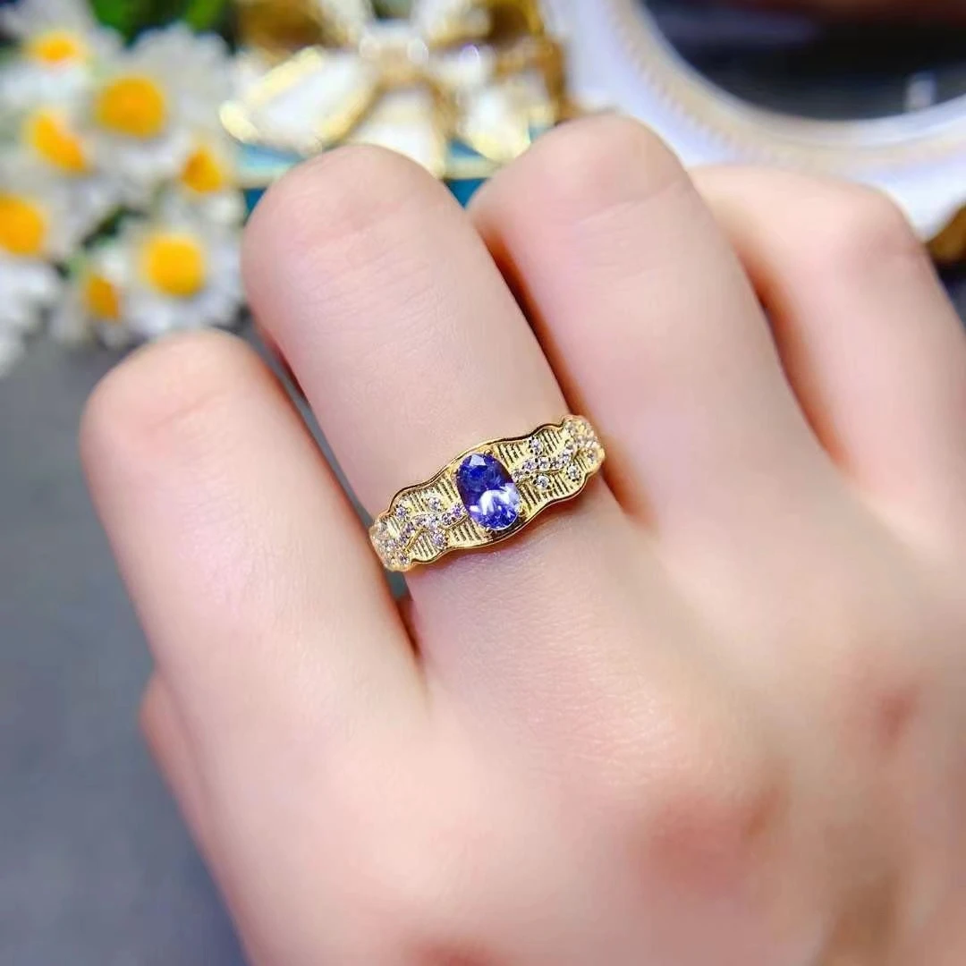 

100% Natural Tanzanite From Tanzania 4mm*6mm 0.5ct Tanzanite Ring Solid 925 Silver Gemstone Ring with Gold Plated