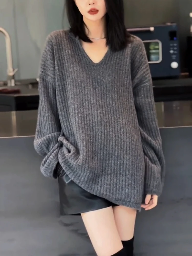

Вязаный свитер женский свободного кроя, зимний, модный, утепленный, с V-образным вырезом, в корейском стиле, повседневная верхняя одежда, закрывающий бедра