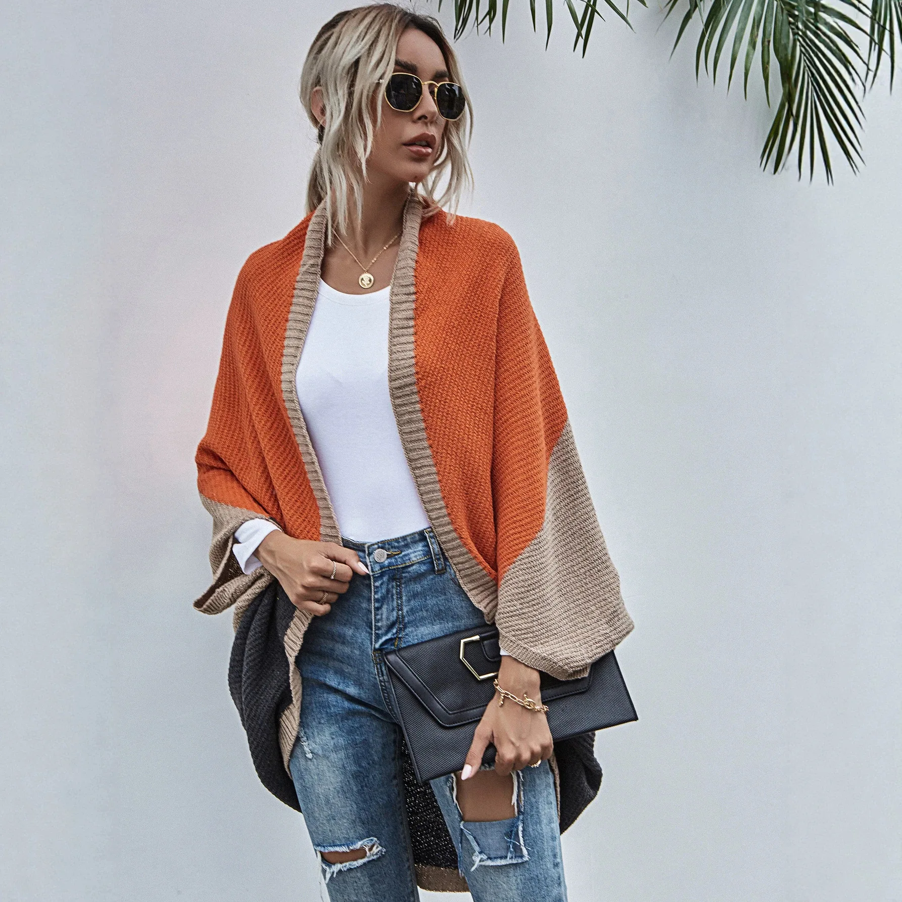 2026 Color blocked sweater women's autumn and winter casual loose long sleeved knitted cardigan jacket women's clothing