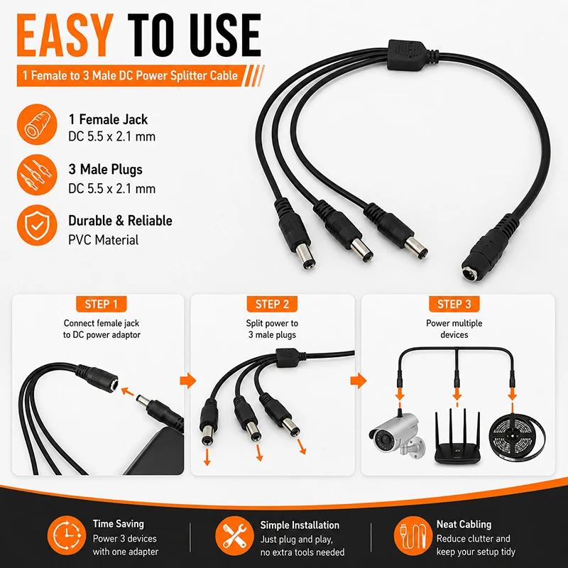 10pcs DC Splitter Power Adapter Connector 1 Female to 3 Male Way 40cm Jack Plug Cable 12V 5.5mm*2.1 For CCTV Camera LED Strip T1