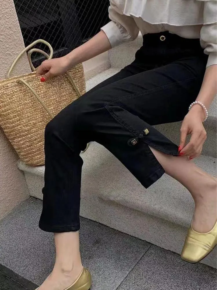 New Chinese Sle Slimming Elastic Denim Cigarette Pants High Waist Straight Leg Jeans Women's Autumn New Arrival Nine Points