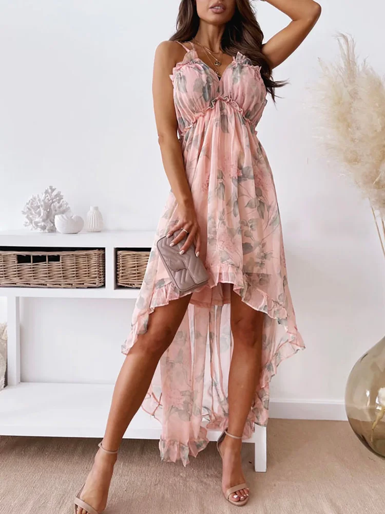 Women Bohemian Sexy Sweet Princess Dress Summer Deep V-Neck Sling Backless Ladies Party Dress Sleeveless Floral Printing Dress