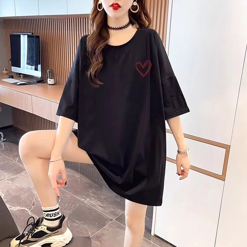 

Korean Simplicity Versatile Summer Pure Cotton O-Neck Women's Printing Fashion Casual Loose Short Sleeve Mid-length T-Shirts Top