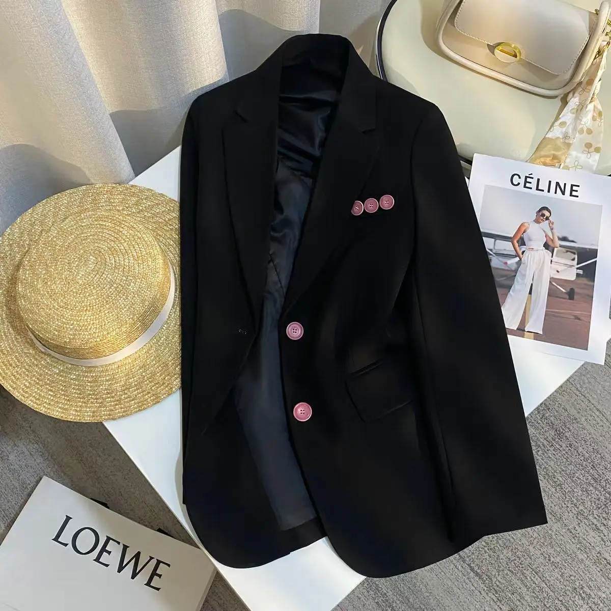 Temperament Women Office Lady Black Coats Women's Clothing Streetwear Oversized Outwear Button Casual Fashion Coat Tops