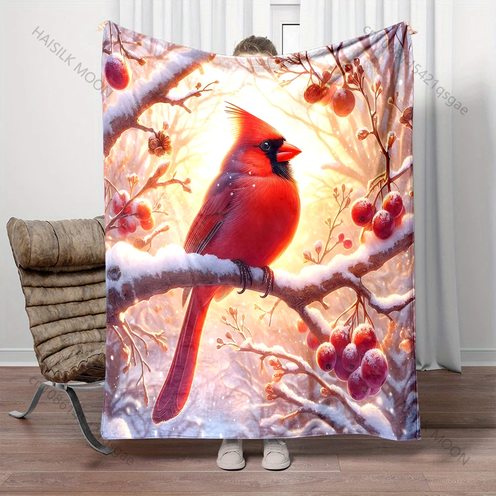 Red cardinal on snowy branch pattern Blanket Flannel Material Soft Warm for All Seasons, Home Outdoor Camping Picnics RV