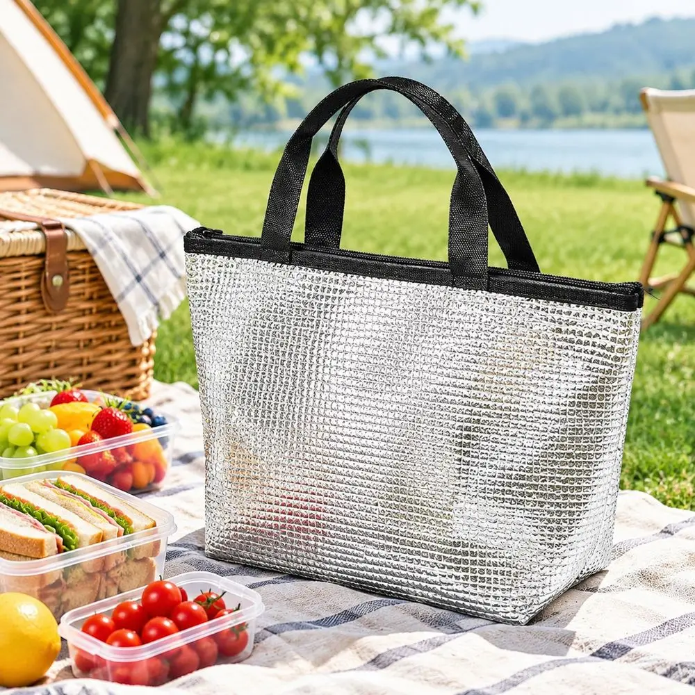 Aluminum Foil Lining Lunch Bag Zipper Closure Handheld Insulated Cooler Bag Pearl Cotton Padding Reusable Food Storage Bag