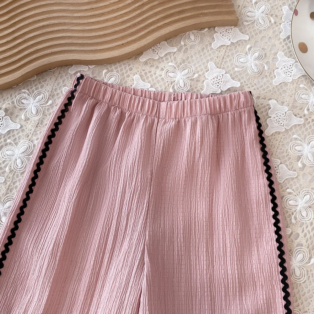 Kinderanzug, einfarbig, V-Ausschnitt, Strickjacke mit Schleife, Hose mit weitem Bein, 2-teilig, süßer, lässiger Stil – Detail 6
