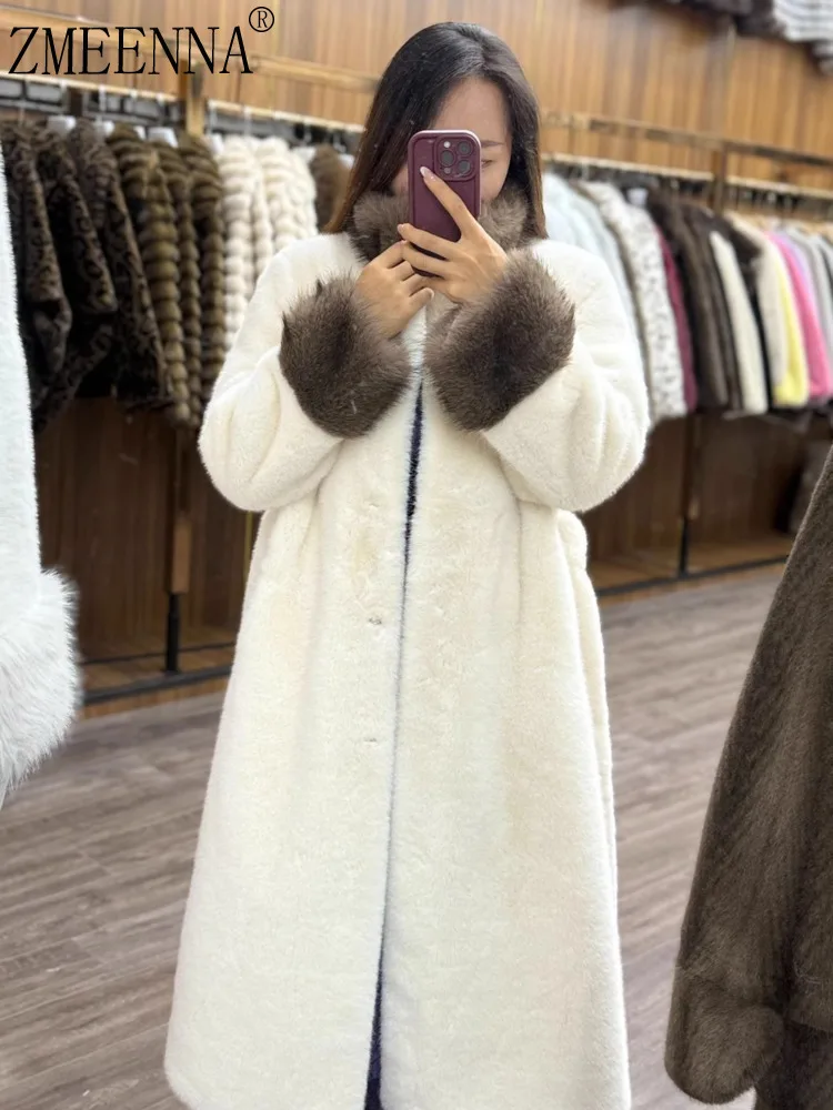 ZMEENNA Abrigo de piel sintética de invierno para mujer elegante Chaqueta larga de felpa blanca elegante de longitud completa con puños de contraste ZM3726