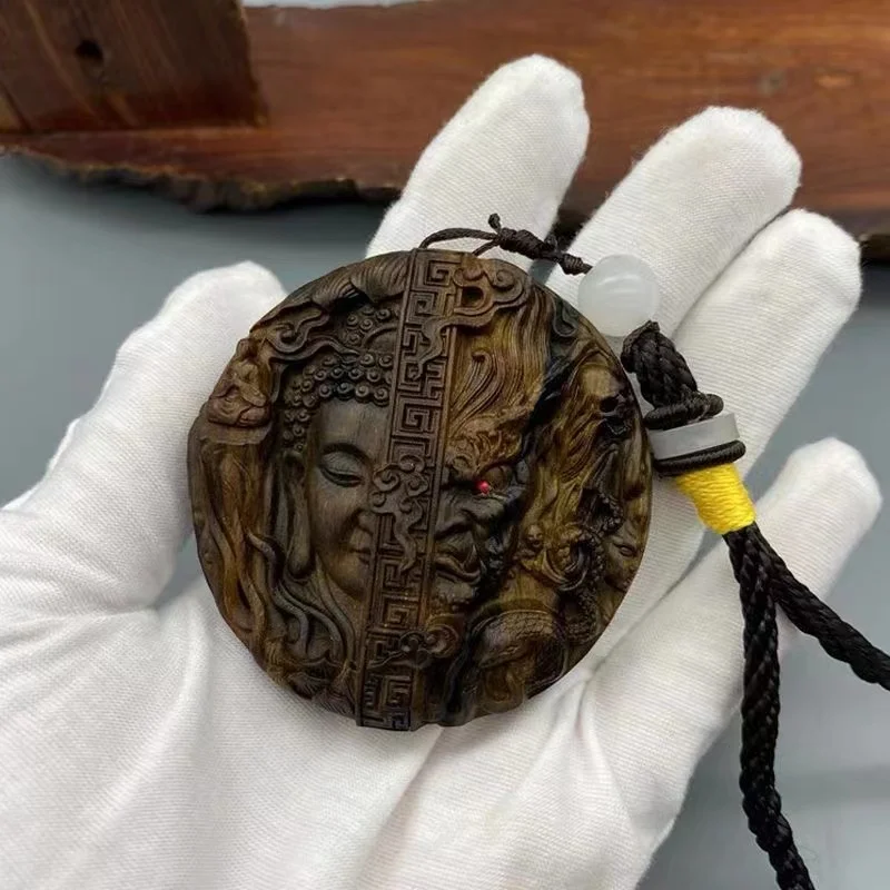 

Wood Hand Carved Buddha a of Thought Pieces Carving Good and Evil Pendant for Safety Crafts