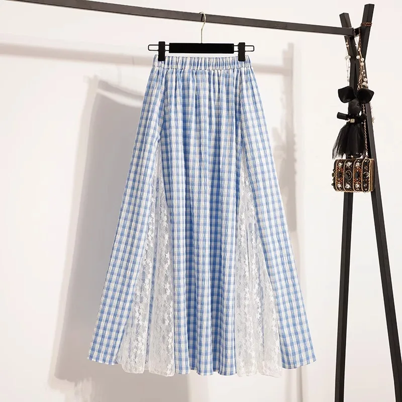 2026 New Summer Girls Blue Plaid Skirt Sweet Lace Spliced Mid-Length A-Line Half Skirt Kids Casual Fashion Bottoms for Teenage