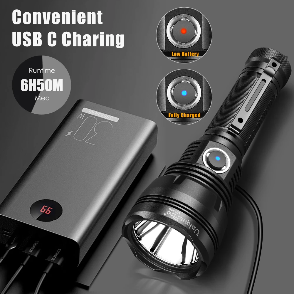 Imagem -03 - Uniquefire-poderosa Lanterna Tática Led Usb c Recharge Caminhadas ao ar Livre Camping Tocha de Emergência h6 Sft40 2500lm 21700