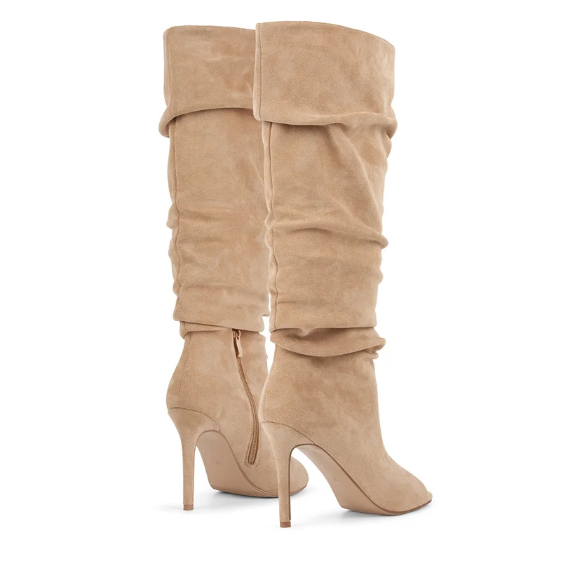 Onlymaker Women Peep Toe Pleat Slouch Knee High Boots Stiletto Heel Faux Suede Dress Boots Fall Winter Open Toe Fashion Boots image 3