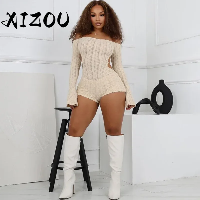 XIZOU Backless Romper Women Knit Thin Fall Slash Neck Full Sleeve Hipster Playsuit Street Workout Activity Shorts Overalls