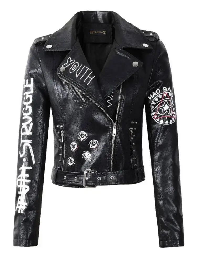 

Women Motorcycle Faux Leather Jacket Spring Streetwear Graffiti Print Biker Leather Coat Ladies Black Lapel Zipper Outwear