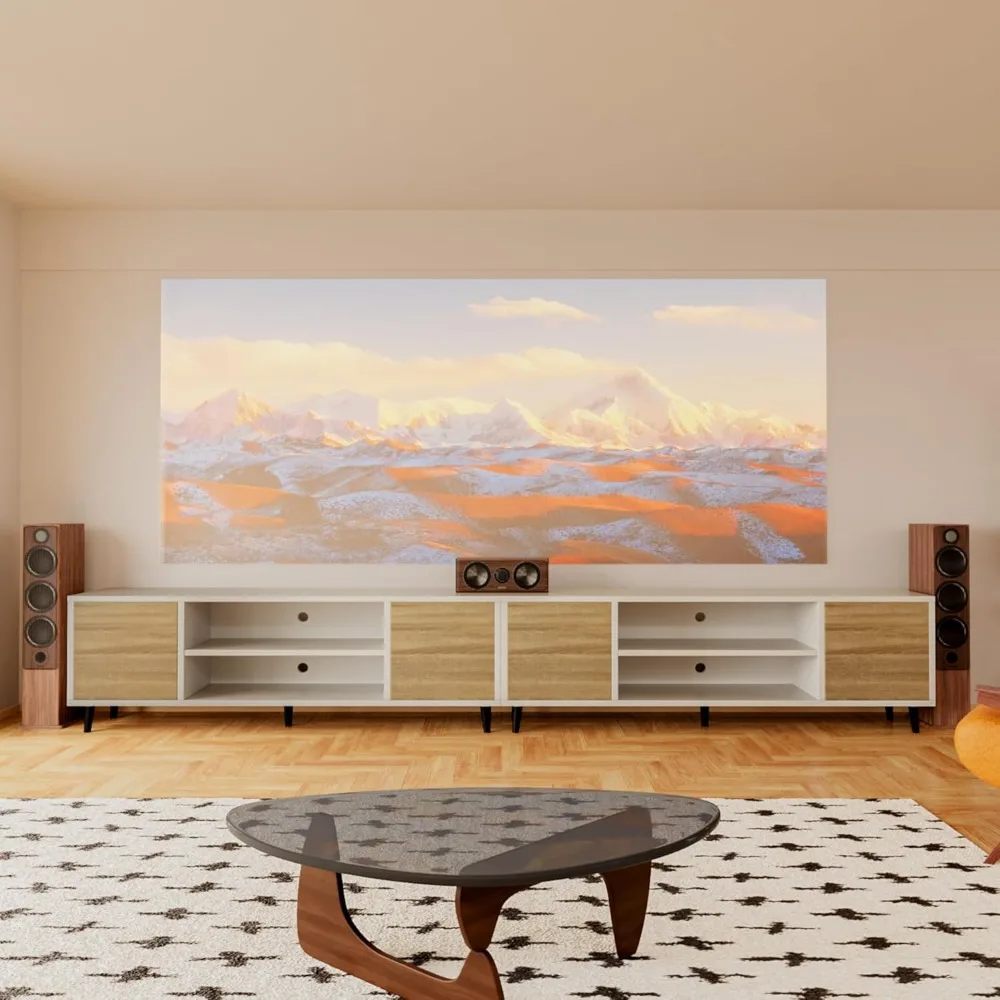 حامل تلفزيون حديث لمركز الترفيه التلفزيوني القديم مقاس 65 بوصة مع خزائن تخزين ووحدة تحكم الوسائط ذات أرفف مفتوحة