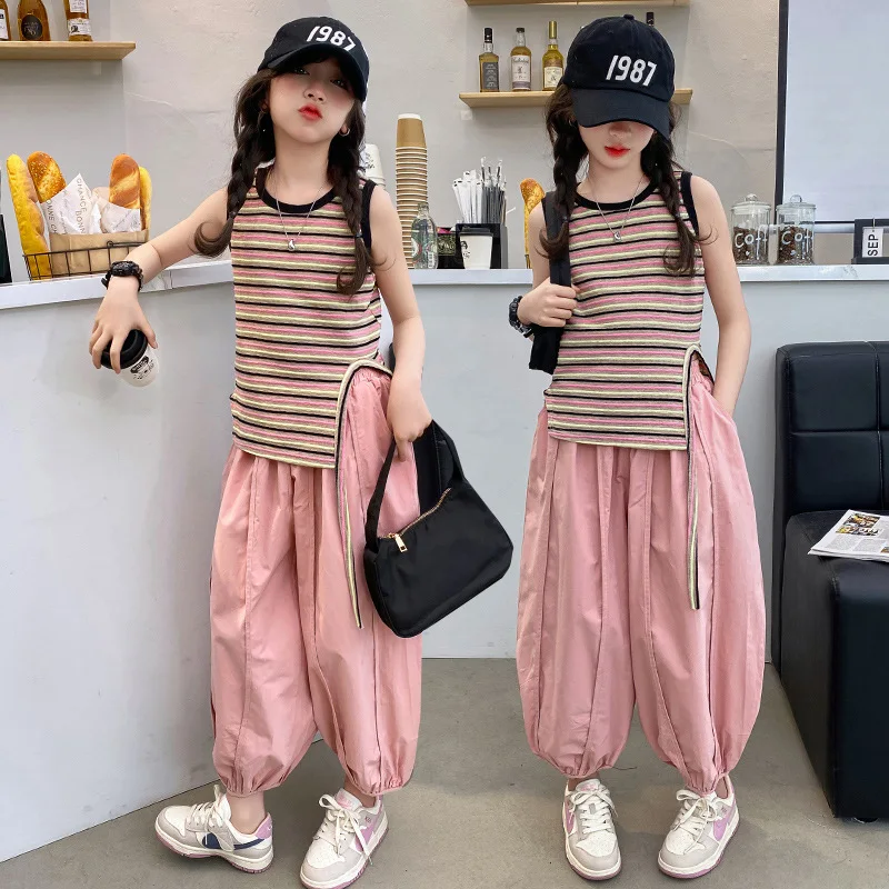 

Лето 2022, комплект одежды для девочек-подростков, детский полосатый топ без рукавов нестандартной формы для девочек + розовые штаны-морковки, комплекты одежды для студентов