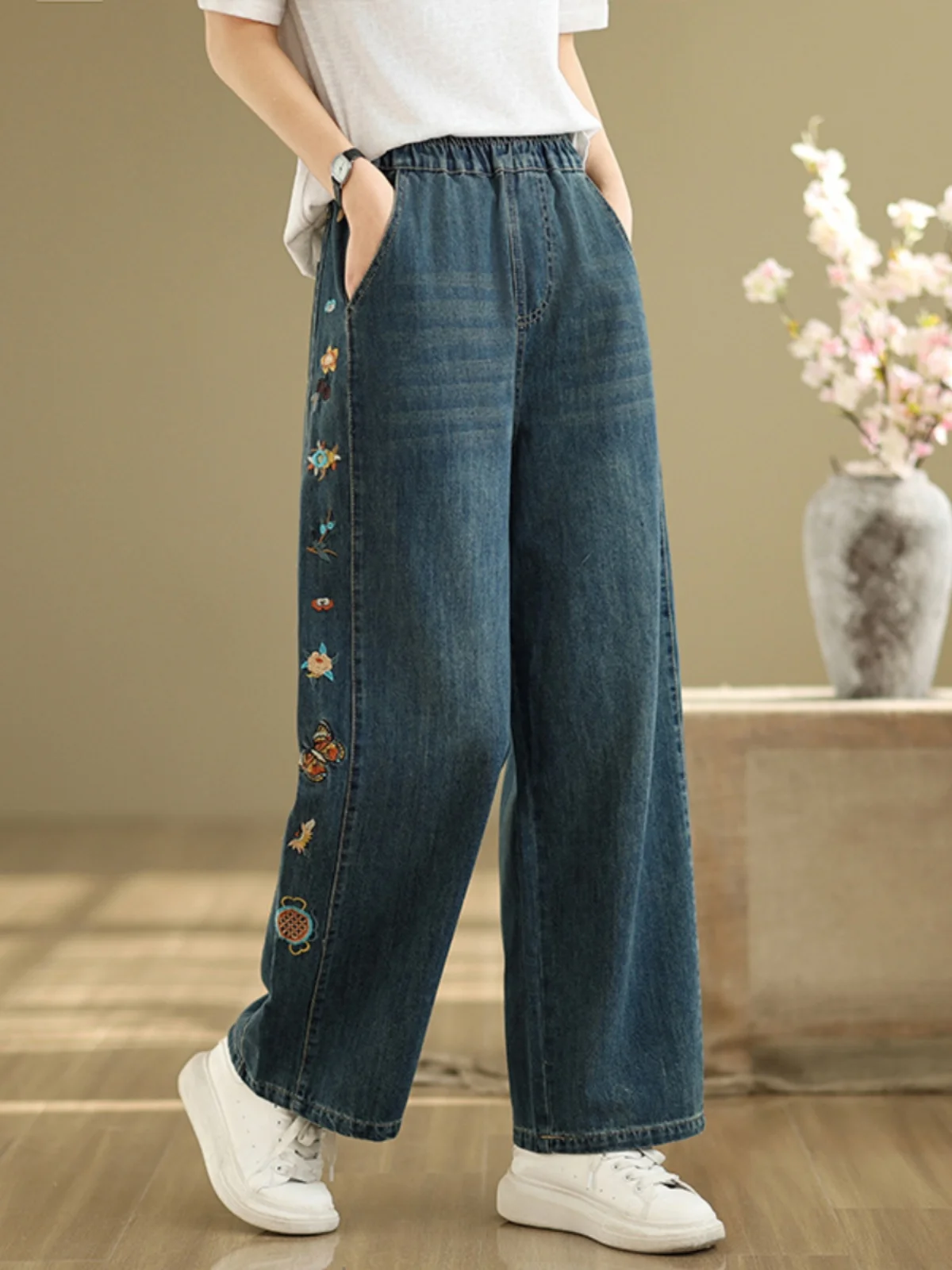 

Широкие джинсы в китайском стиле с вышивкой в стиле ретро, женские летние новые свободные прямые узкие длинные брюки больших размеров