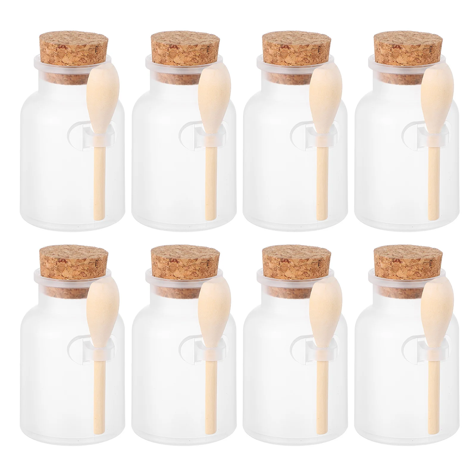 8 Stück mattierte Badesalzflaschen, Korkversiegelung, nachfüllbare Kunststoffbehälter für Badesalze, Maskenpulver, ätherische Öle, tragbar