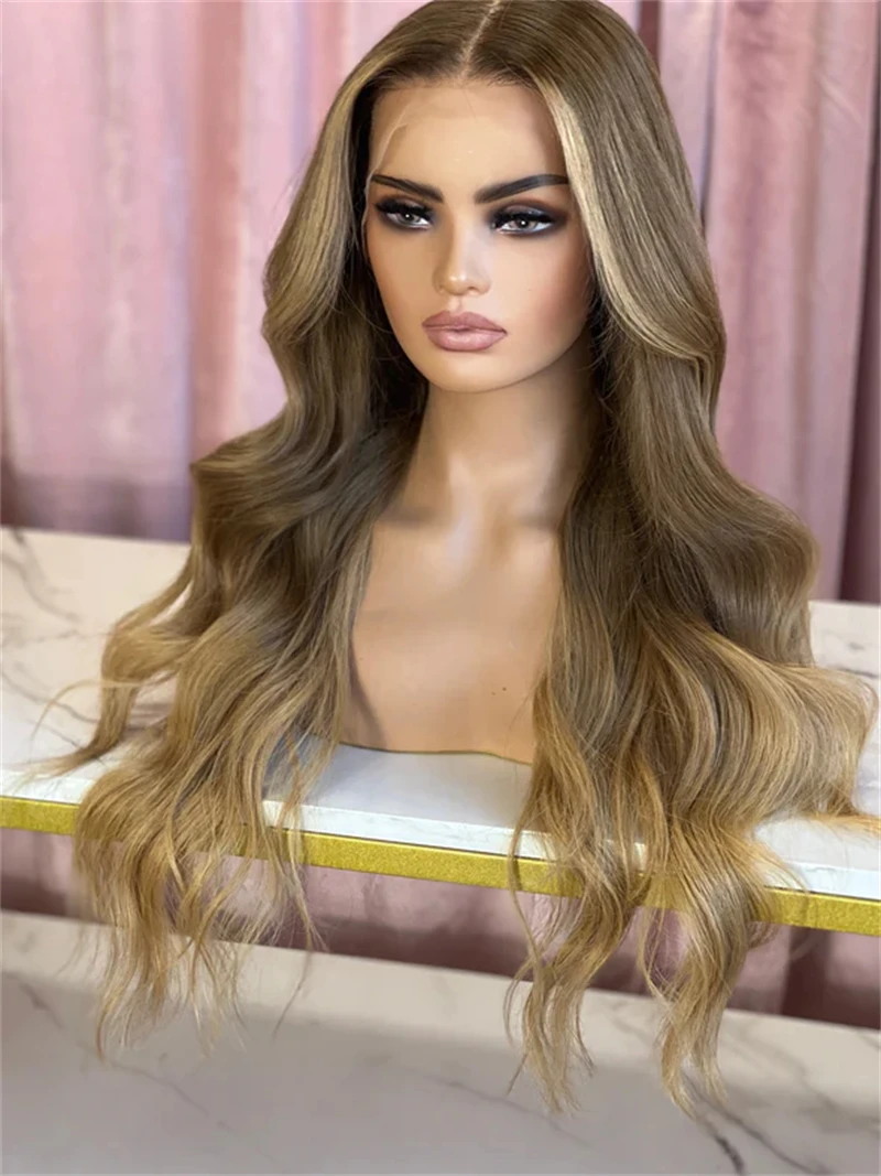 الاصطناعية الدانتيل أمامي الرماد البني مع أشقر فاتح يسلط الضوء على Balayage نظرة 24 بوصة موجات المال قطعة شعر مستعار طبيعي تأثيري