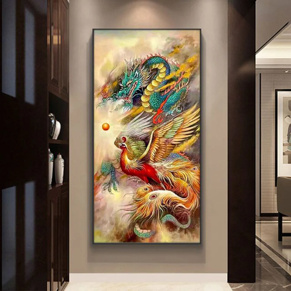 Chinese Dragon And Phoenix 5D Diamond Painting New 2023 Mythical Animal Embroidery Full Square Diamond Mosaic Home Decor Gift