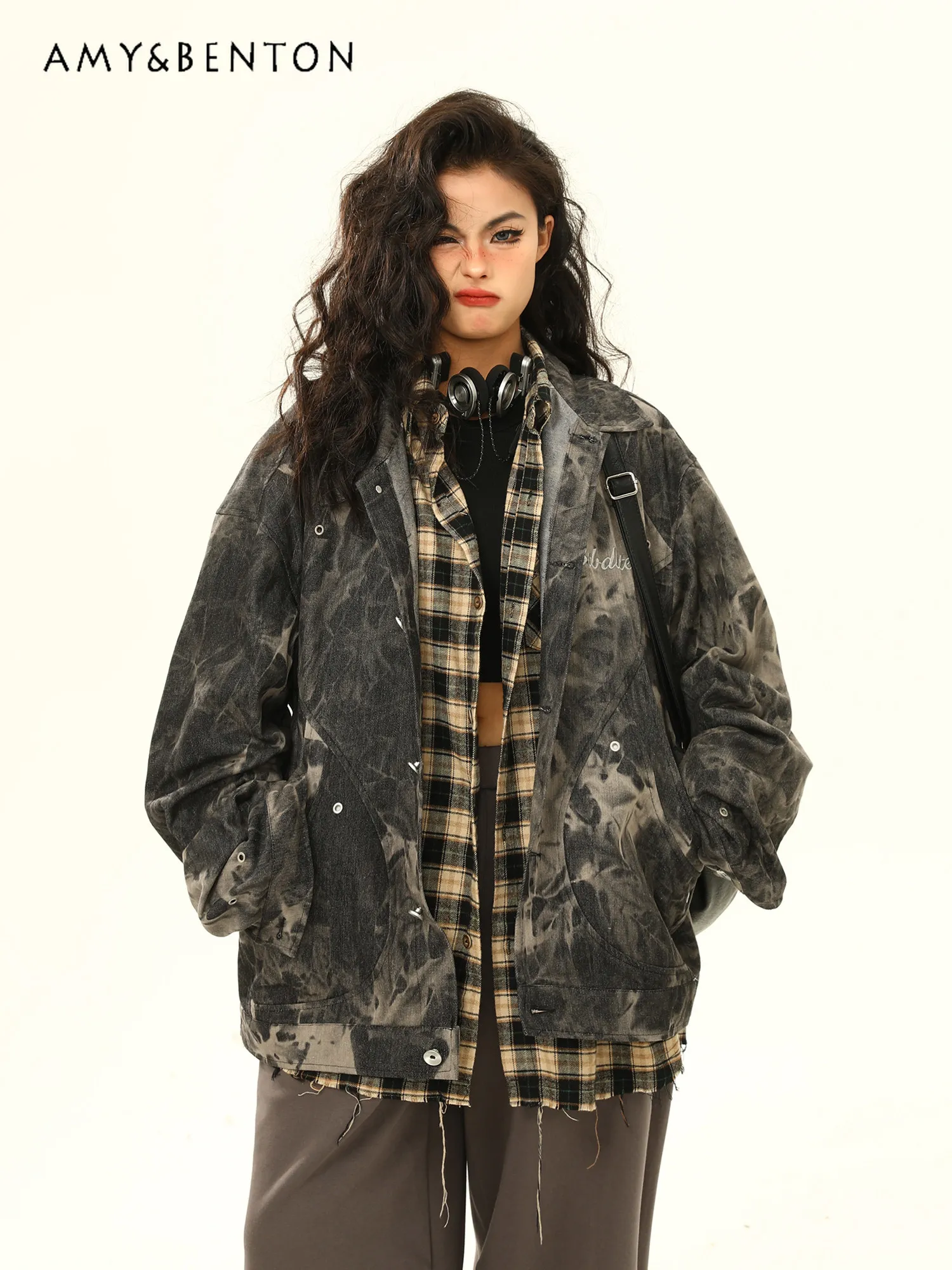 Chaqueta Vaquera Delgada de Mezclilla Negra y Gris con Estampado Tie-Dye, Estilo Retro Americano, Holgada, Informal, Fresca y Versátil para Mujer, Primavera y Otoño