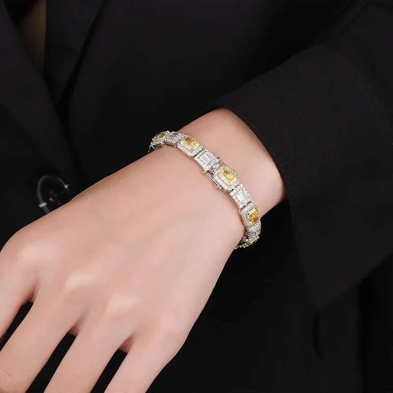 

Браслет из золота 18 карат с инкрустацией платиной PT950 и бриллиантами из высокоуглеродистой стали, модный, роскошный, квадратный, с основным камнем 5*7