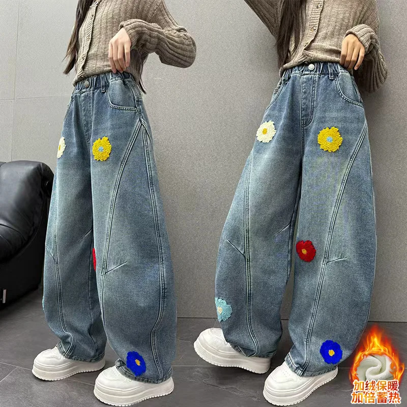 

Kids Winter Warm Corduroy Jeans with Floral for Girls Kids Thick Thermal Trousers Children's Insulate Denim Pants Sweatpants