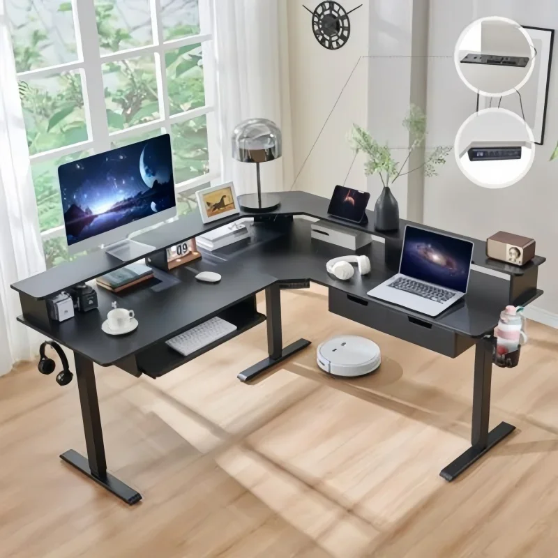 Ergonomic L-Shape Computer Laptop Computer Desk Three Motors Standing Desk Office Electric Height Adjustable Desk Rack