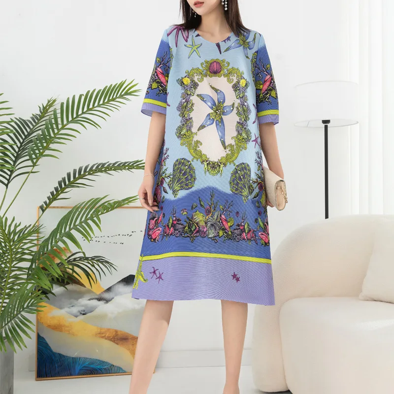 

Miyake Pleated Print Dress Women's Spring and Summer New 2023 Temperament Loose Large Yards To Cover The Meat Thin Stretch Dress