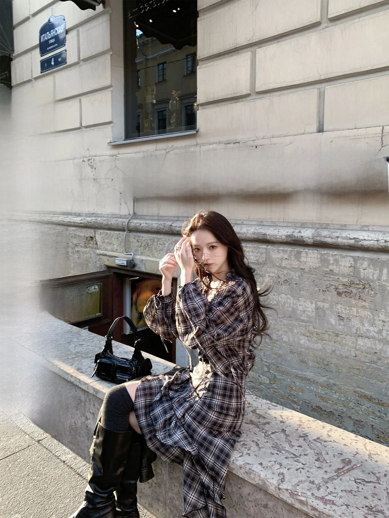 

Neurcz Женская клетчатая юбка с v-образным вырезом и высокой талией, юбка трапециевидной формы Bubble Sve, повседневная корейская юбка обычной длины