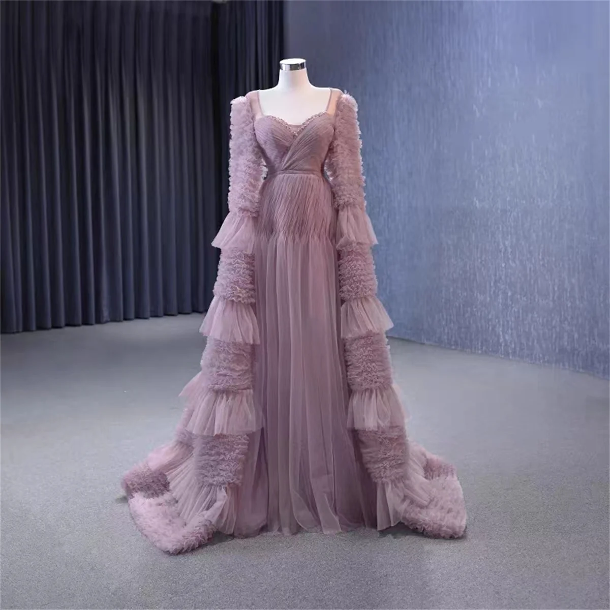 Custom Wedding Dress Evening Dress Long Sleeve Square Neck Light Purple Elegant Cascading Pleated Classic 2023 New Style