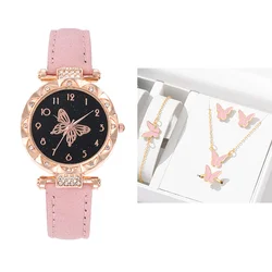 Conjunto de joyería de reloj de mariposa de diamantes de imitación a la moda para mujer, relojes de pulsera impermeables a juego, nuevo, 5 piezas por juego