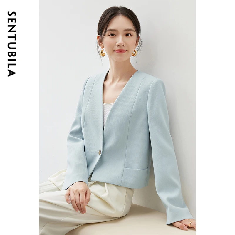 SENTUBILA Elegant Straight Jacket Women 2024 Fall Solid Simple V Neck Single Button Long Sleeve Cropped Female Clothes 143W56517