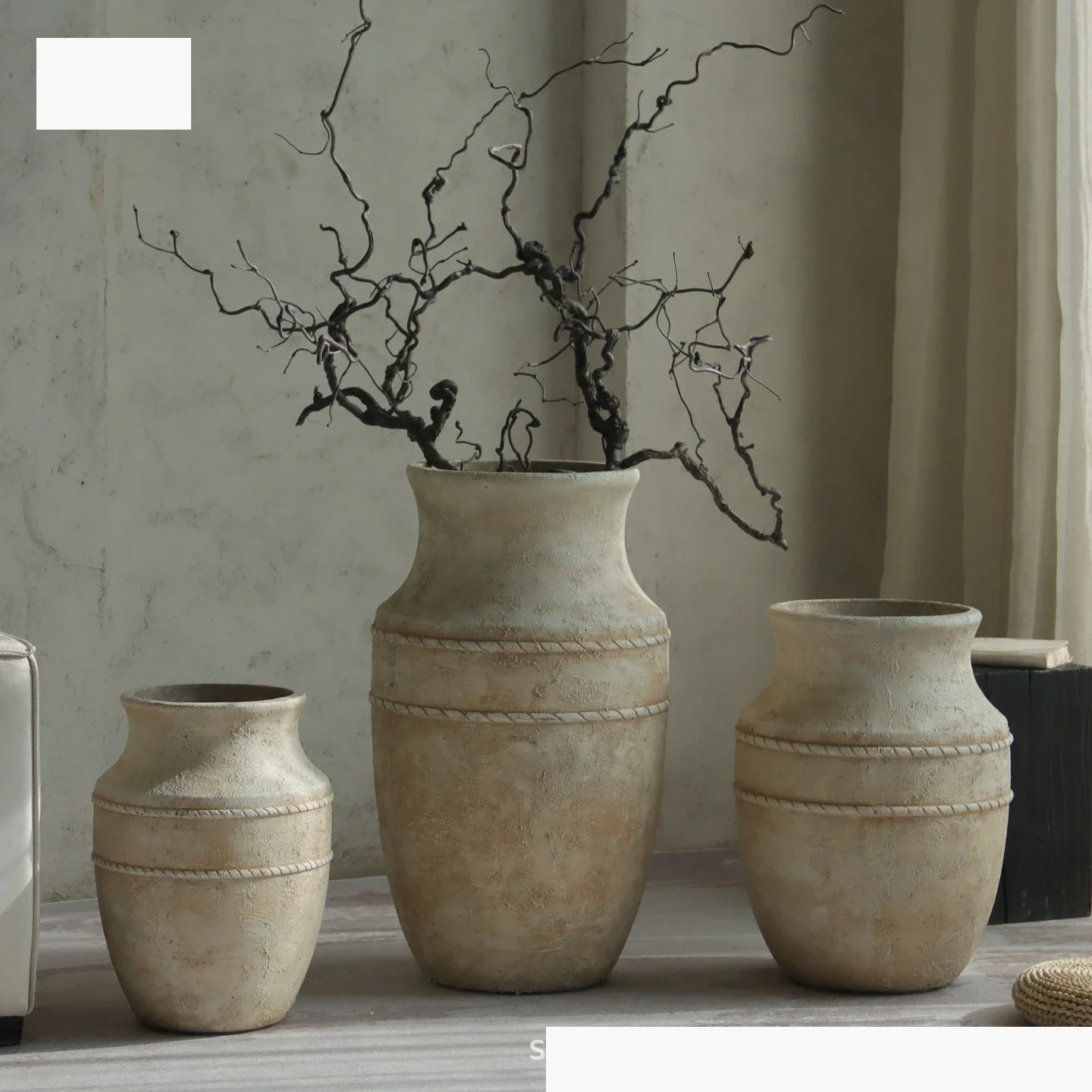 Cement wabi sandy wind old big vase floor-to-ceiling flower pot hotel restaurant sales department soft decoration flower device