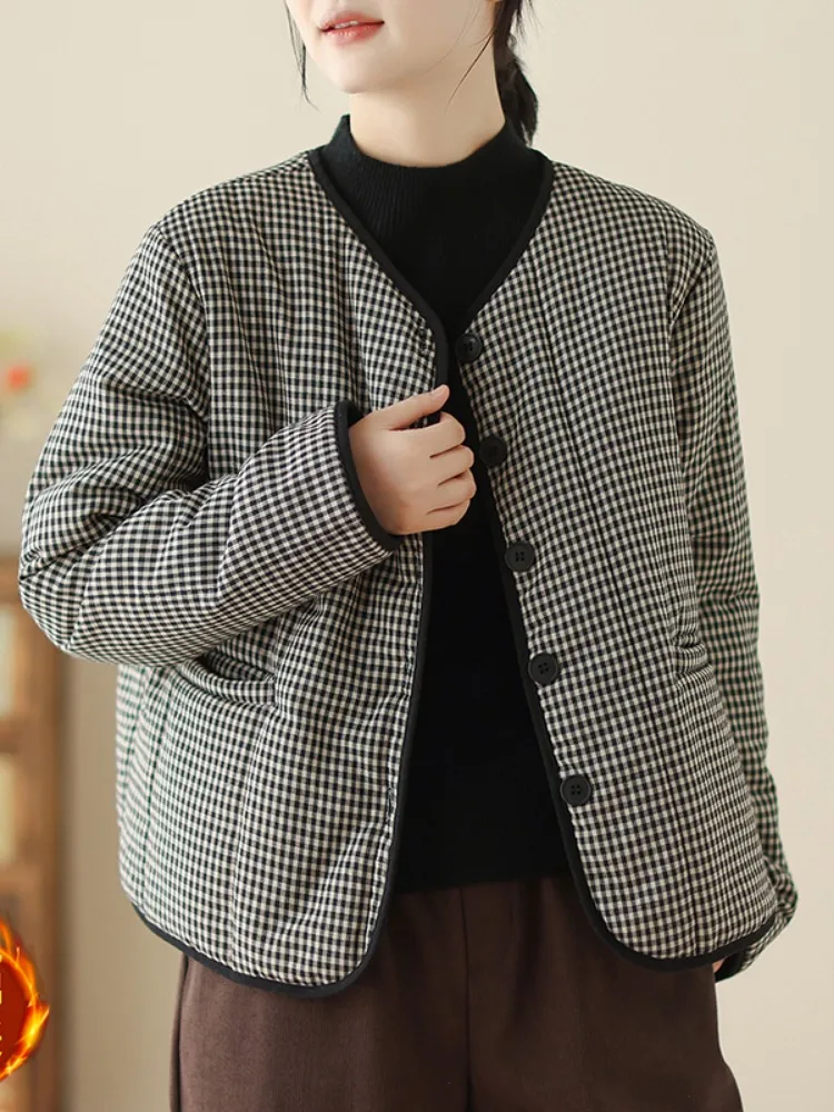 Thickened Cotton Quilted Outerwear Women's Winter Coat Artistic Plaid Loose Fit Home Wear Long Sleeve Button up Warm Coat